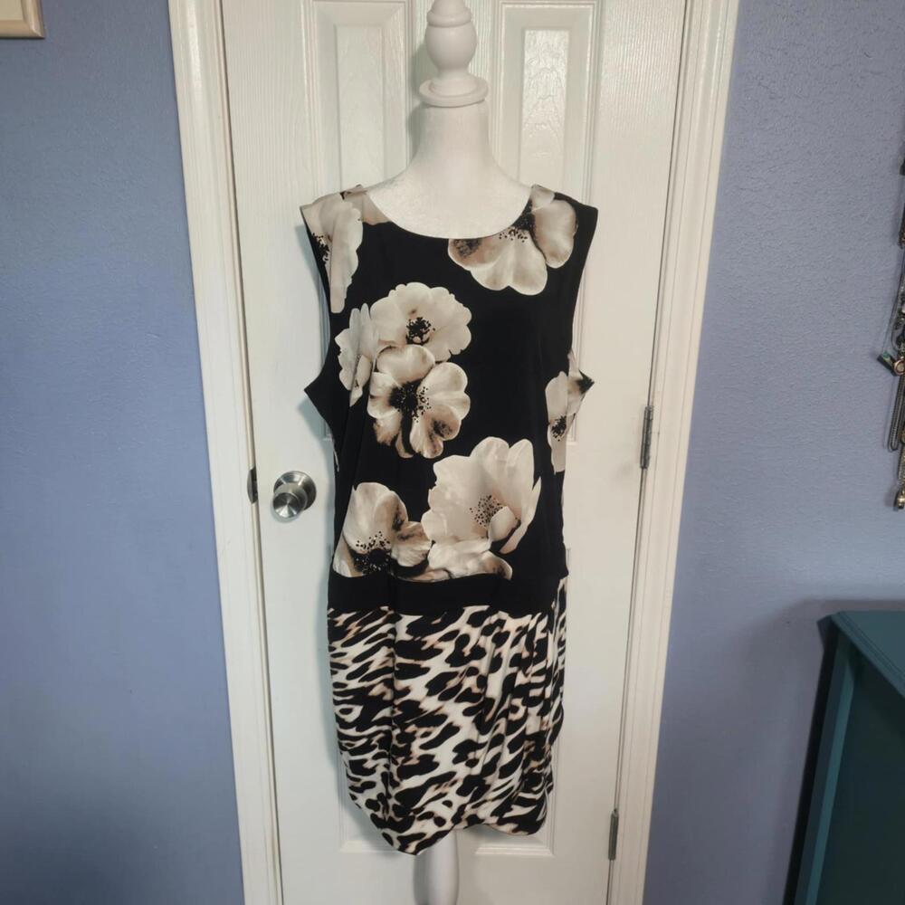 NWT New York & Co Women XL Floral Leopard Print Drop Waist Sleeveless Work Dress